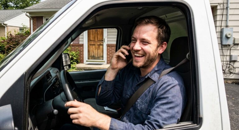 Installateur de thermopompe au téléphone dans sa camionnette de service au Québec