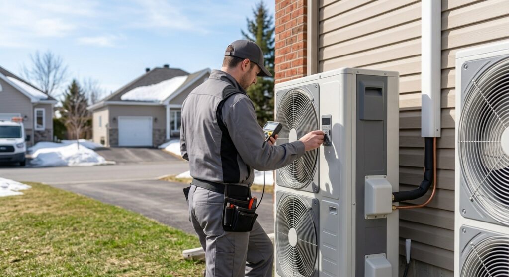 Technicien effectuant l'entretien d'une thermopompe en hiver au Québec