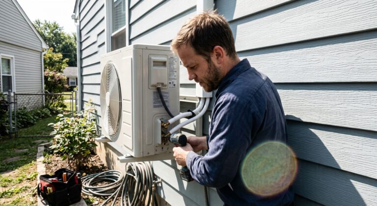 Technicien installant une thermopompe sur le mur extérieur d'une résidence au Québec